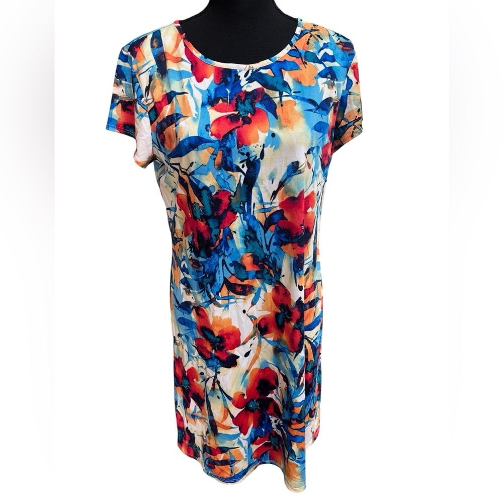 TIANA B. MULTICOLOR FLORAL PRINT SHORT SLEEVE SHIFT STYLE DRESS SIZE 14 NWT